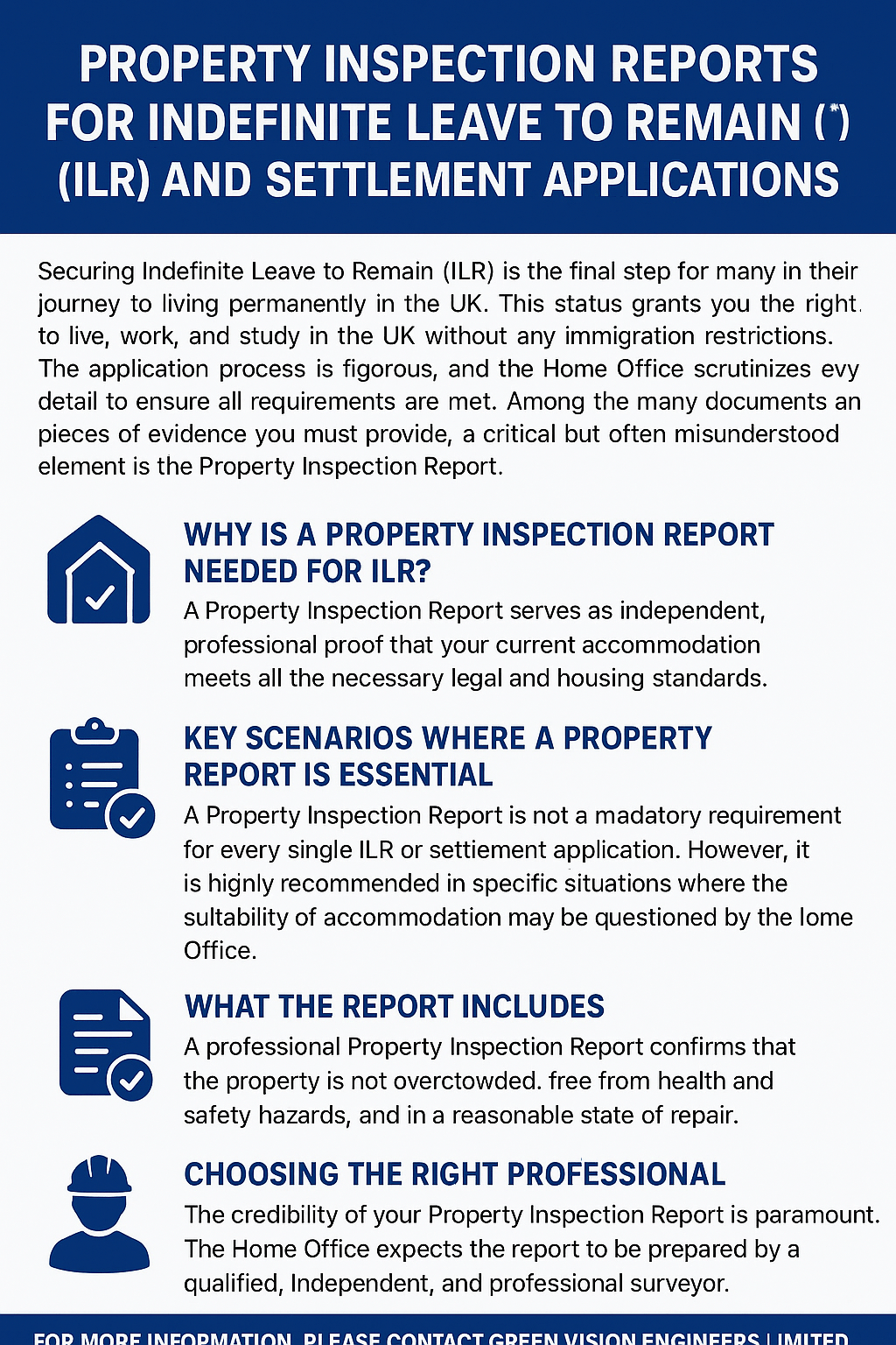 Infographic explaining Property Inspection Reports for Indefinite Leave to Remain (ILR) and UK settlement applications.