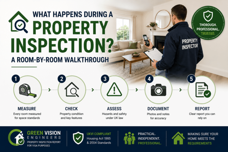 Surveyor measuring a bedroom during a UK property inspection visit for a visa accommodation report.