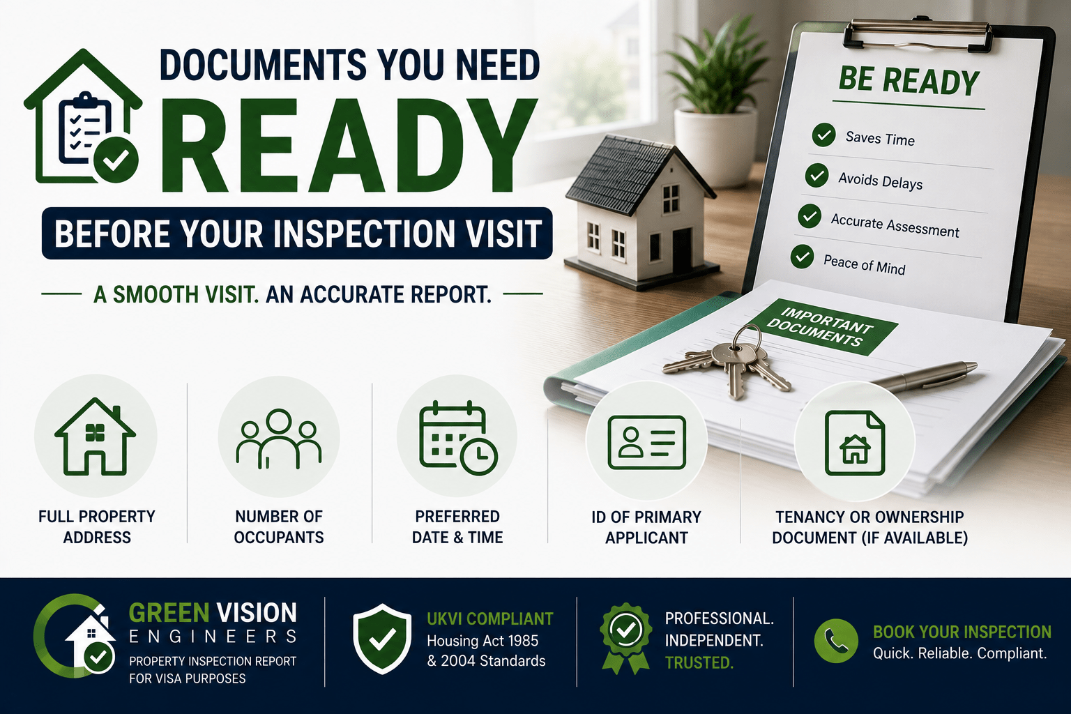 Checklist of documents including passport and tenancy agreement needed before a UK property inspection visit.