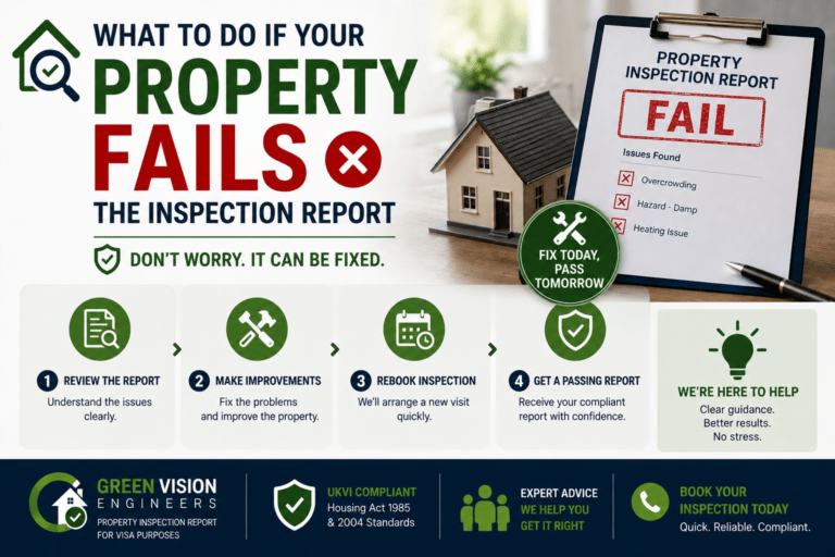 Surveyor discussing remedial steps after a property fails an inspection report for a UK visa application
