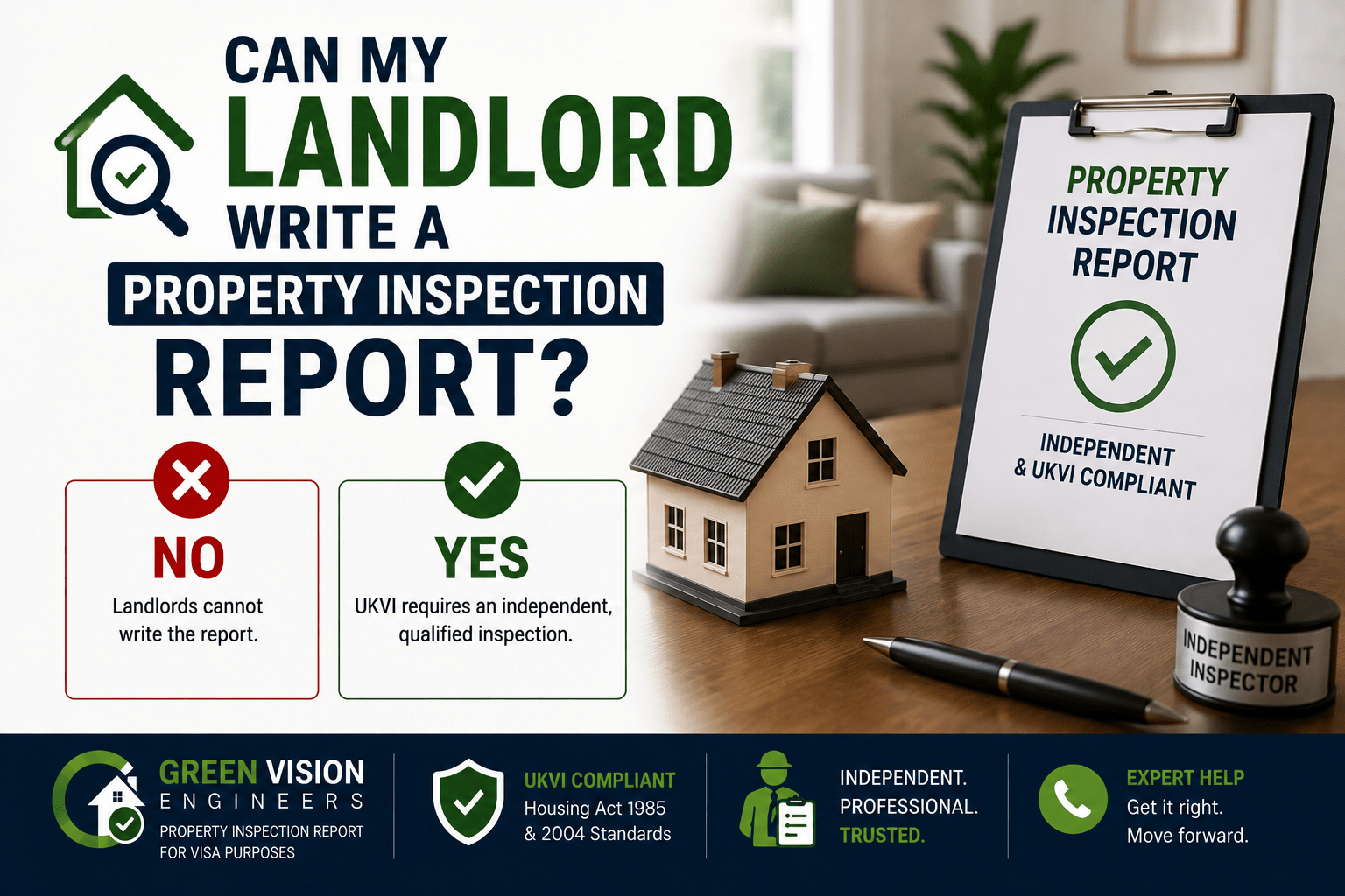 Independent surveyor rather than a landlord conducting a property inspection report for a UK visa application