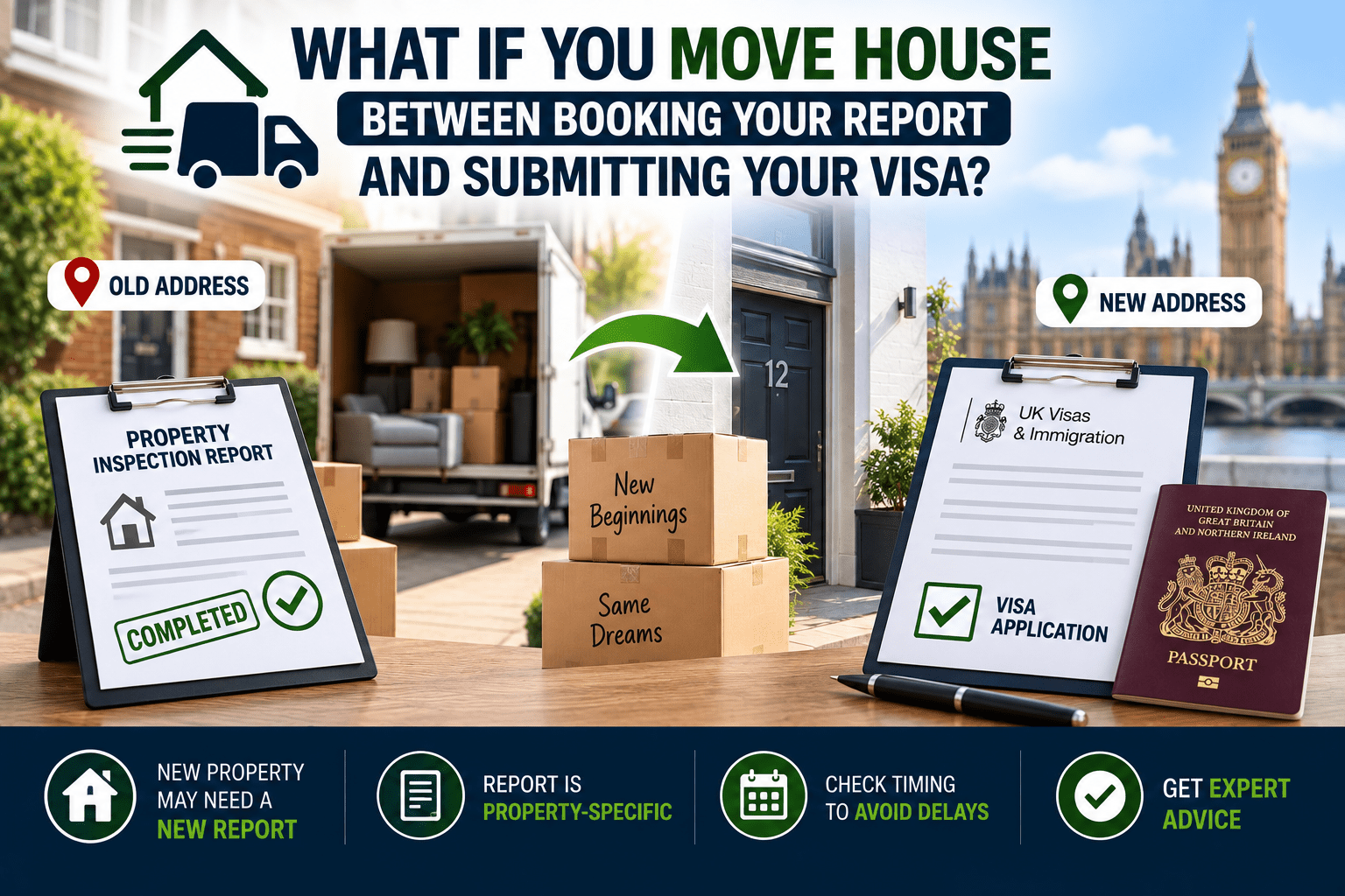 Family moving to a new address after already booking a property inspection report for their UK visa